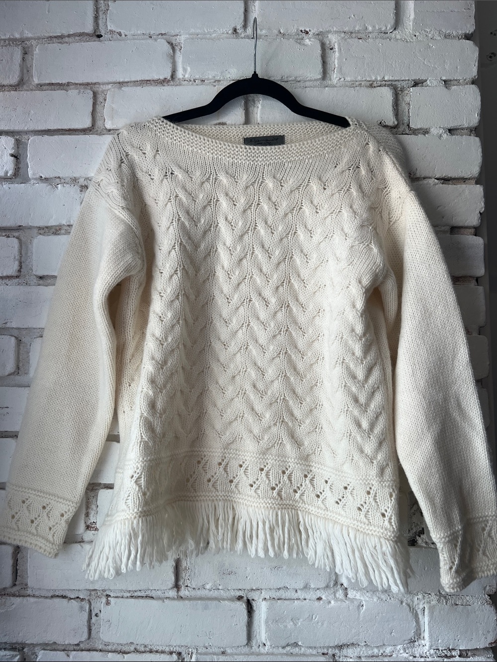 30% wool Cream Cable Knit Sweater with Fringe Detail cowgirl cable boatneck